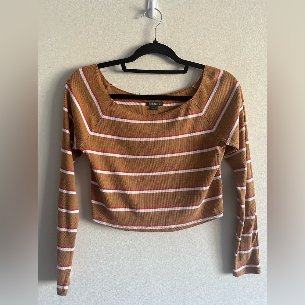 Wild Fable Cropped Brown Striped Long Sleeve Shirt